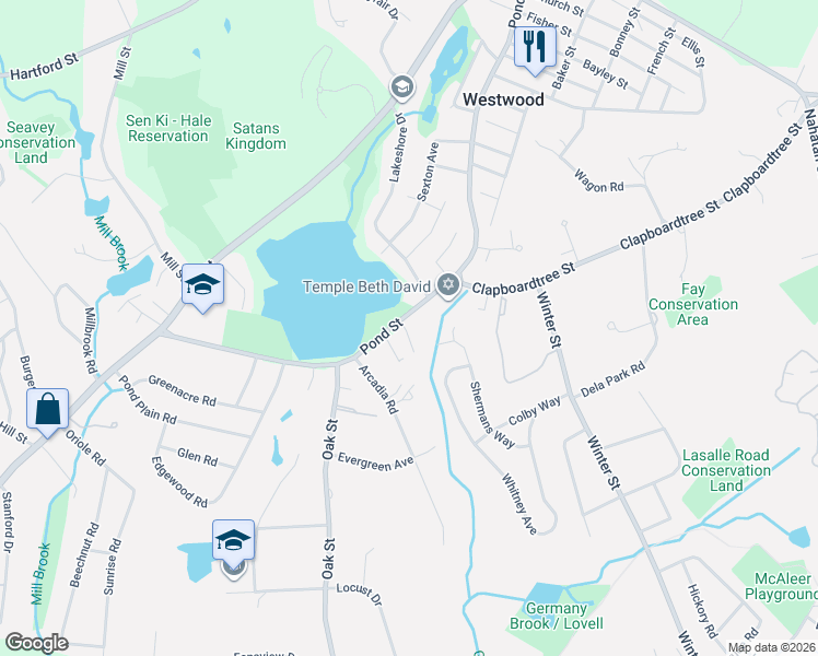 map of restaurants, bars, coffee shops, grocery stores, and more near 11 Windmill Lane in Westwood