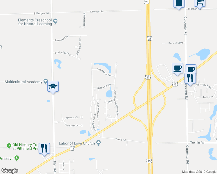 map of restaurants, bars, coffee shops, grocery stores, and more near 3406 Endsleigh Lane in Ypsilanti