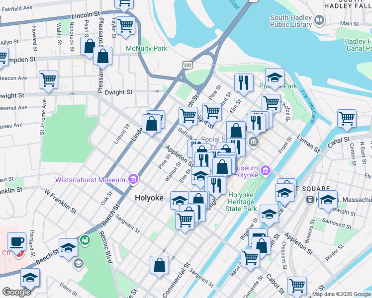 map of restaurants, bars, coffee shops, grocery stores, and more near 169 Walnut Street in Holyoke