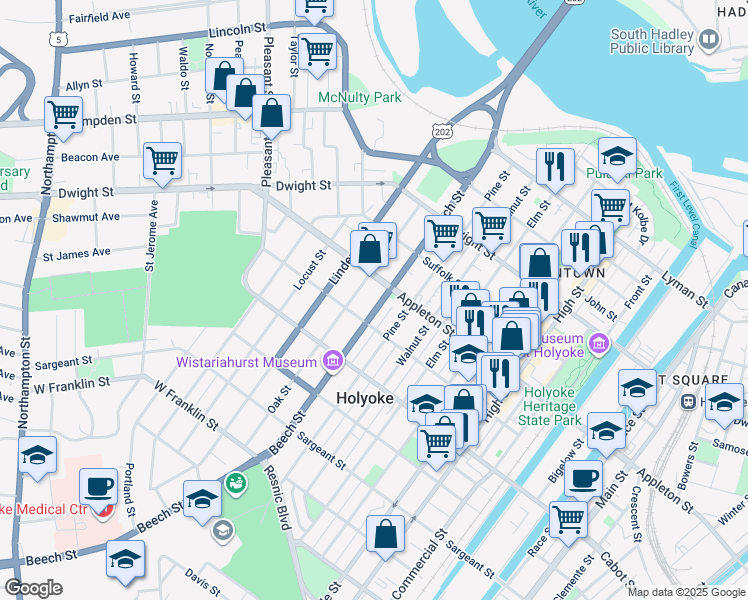 map of restaurants, bars, coffee shops, grocery stores, and more near 193 Beech Street in Holyoke