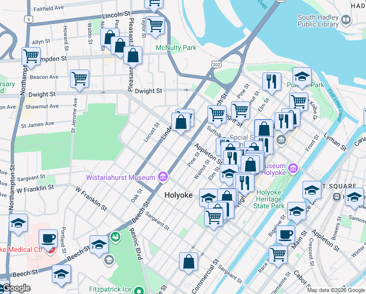 map of restaurants, bars, coffee shops, grocery stores, and more near 209 Beech Street in Holyoke