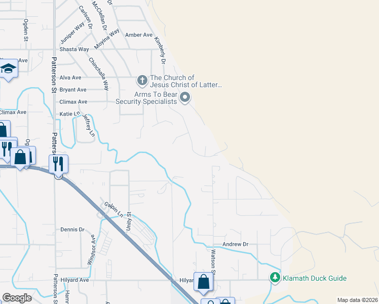 map of restaurants, bars, coffee shops, grocery stores, and more near 2220 Kimberly Drive in Klamath Falls