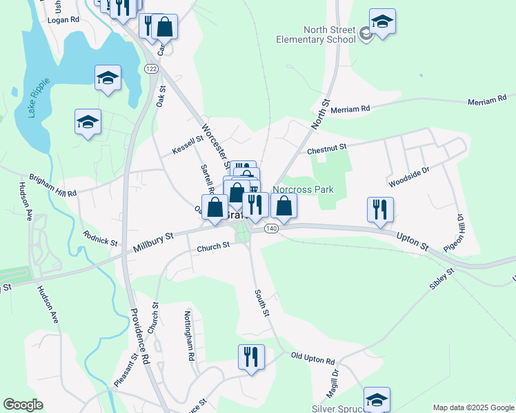 map of restaurants, bars, coffee shops, grocery stores, and more near in Grafton