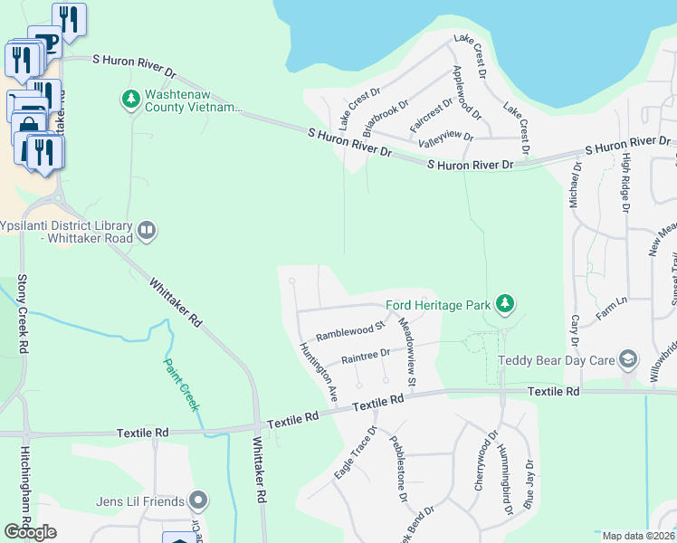map of restaurants, bars, coffee shops, grocery stores, and more near 5763 Meadowview Street in Ypsilanti