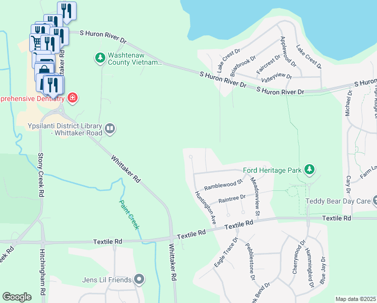 map of restaurants, bars, coffee shops, grocery stores, and more near 5672 Huntington Court in Ypsilanti