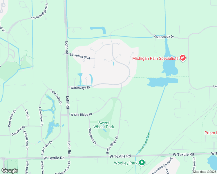 map of restaurants, bars, coffee shops, grocery stores, and more near 1435 Waterways Drive in Ann Arbor