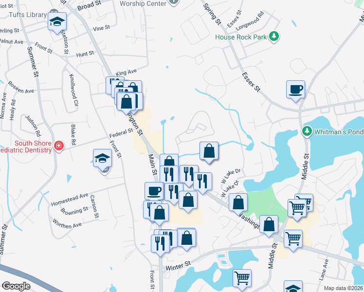 map of restaurants, bars, coffee shops, grocery stores, and more near 1200 Avalon Drive in Weymouth