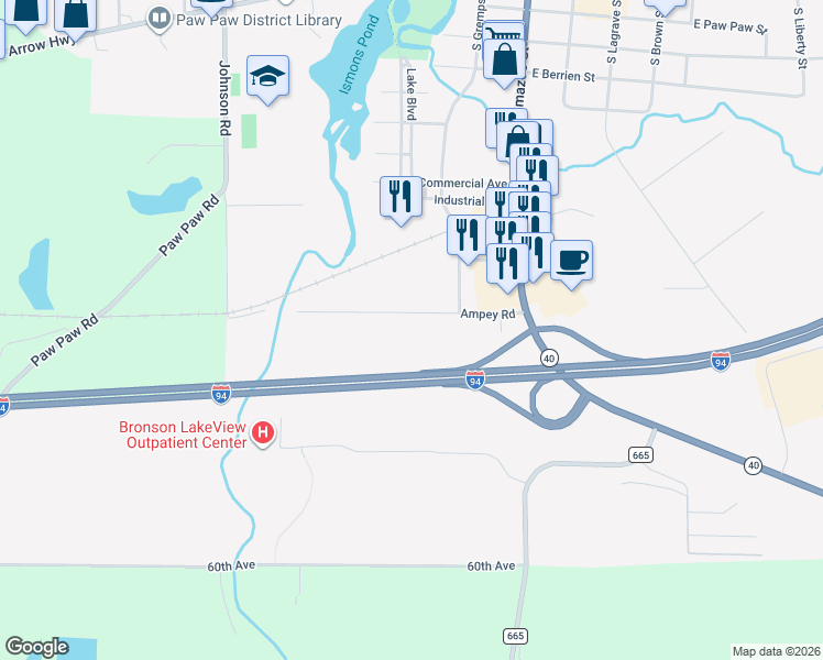 map of restaurants, bars, coffee shops, grocery stores, and more near in Paw Paw
