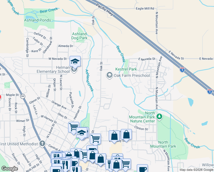 map of restaurants, bars, coffee shops, grocery stores, and more near 852 Oak Street in Ashland