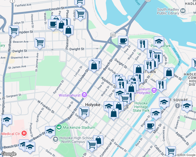 map of restaurants, bars, coffee shops, grocery stores, and more near 184 Beech Street in Holyoke