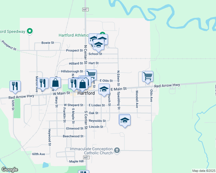 map of restaurants, bars, coffee shops, grocery stores, and more near 302 East Main Street in Hartford
