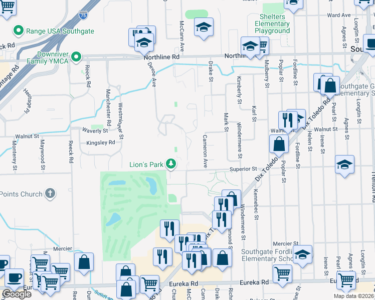 map of restaurants, bars, coffee shops, grocery stores, and more near 13750 Village Green Boulevard in Southgate