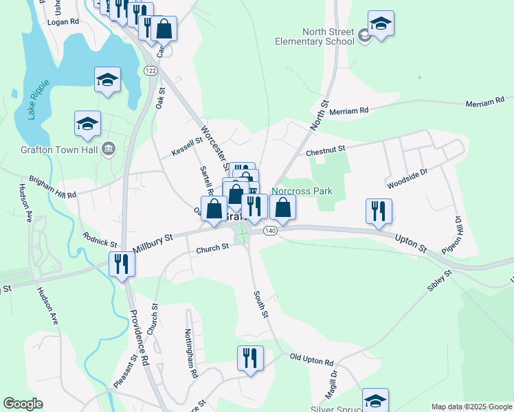 map of restaurants, bars, coffee shops, grocery stores, and more near in Grafton