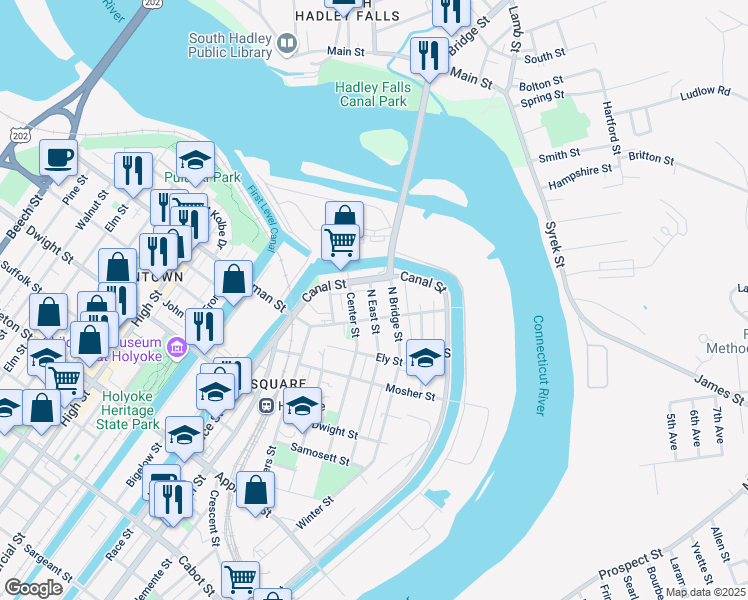 map of restaurants, bars, coffee shops, grocery stores, and more near 40 Lyman Street in Holyoke
