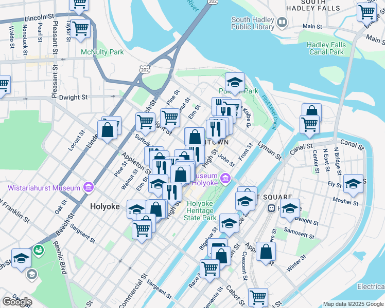 map of restaurants, bars, coffee shops, grocery stores, and more near in Holyoke