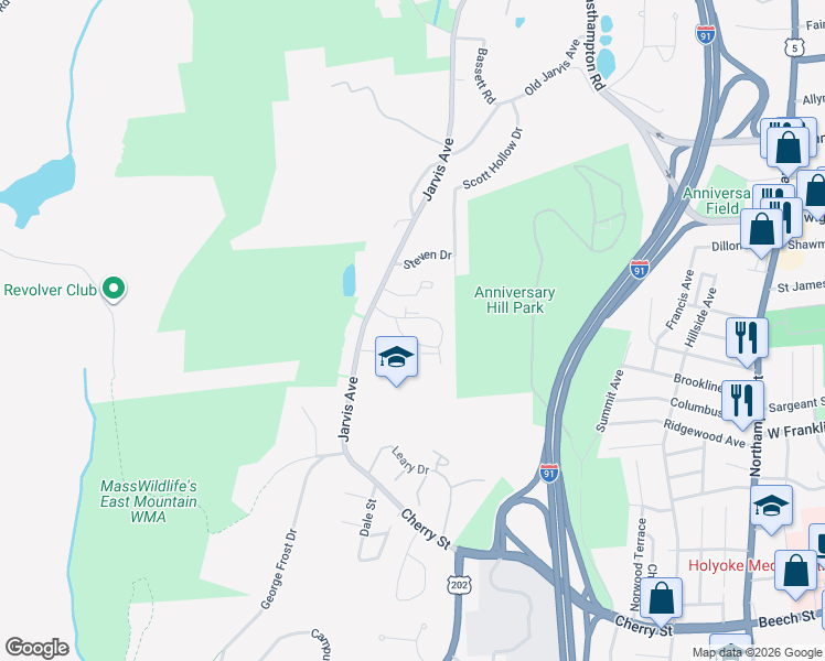 map of restaurants, bars, coffee shops, grocery stores, and more near 5 Gerard Way in Holyoke