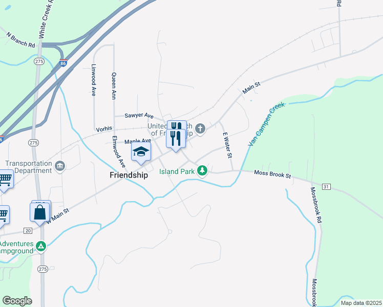 map of restaurants, bars, coffee shops, grocery stores, and more near 20 West Water Street in Friendship
