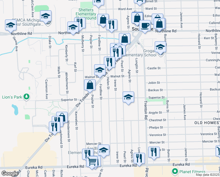 map of restaurants, bars, coffee shops, grocery stores, and more near 13749 Helen Street in Southgate