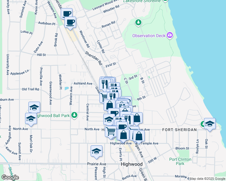 map of restaurants, bars, coffee shops, grocery stores, and more near 637 Sheridan Road in Highwood