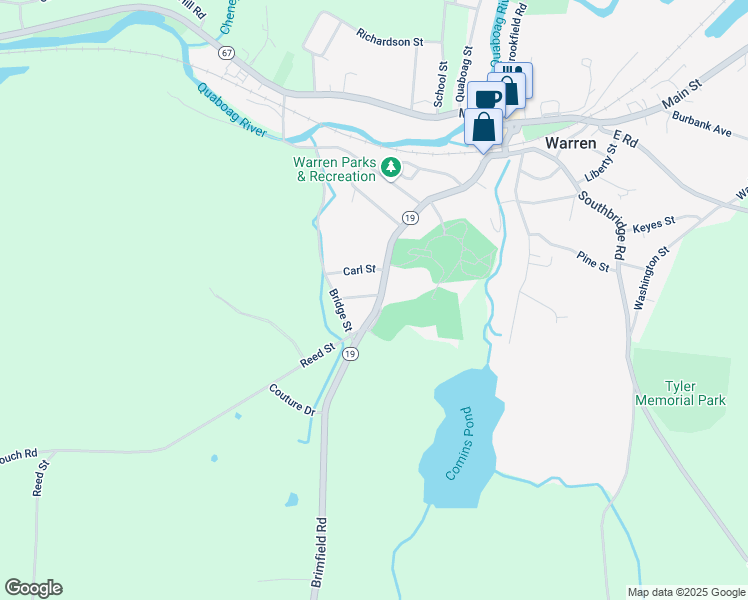 map of restaurants, bars, coffee shops, grocery stores, and more near 7 Ramsdell Street in West Brookfield