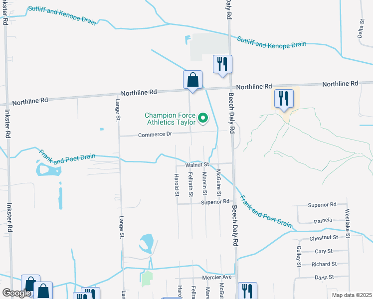 map of restaurants, bars, coffee shops, grocery stores, and more near 13528 Fellrath Street in Taylor