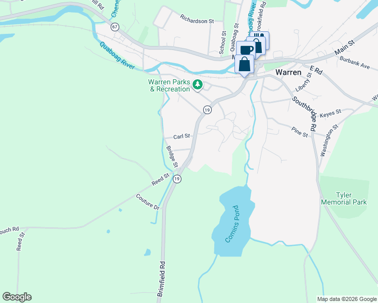 map of restaurants, bars, coffee shops, grocery stores, and more near 7 Ramsdell Street in West Brookfield