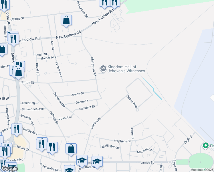 map of restaurants, bars, coffee shops, grocery stores, and more near 48 Landing Drive in Chicopee