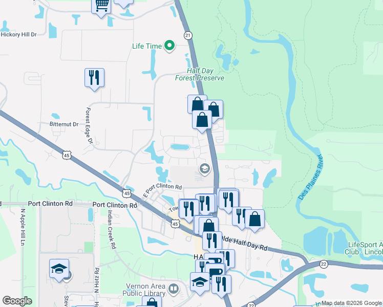 map of restaurants, bars, coffee shops, grocery stores, and more near 1285 Georgetown Way in Vernon Hills