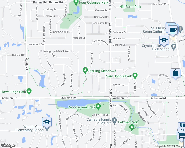 map of restaurants, bars, coffee shops, grocery stores, and more near 1200 Manchester Drive in Crystal Lake