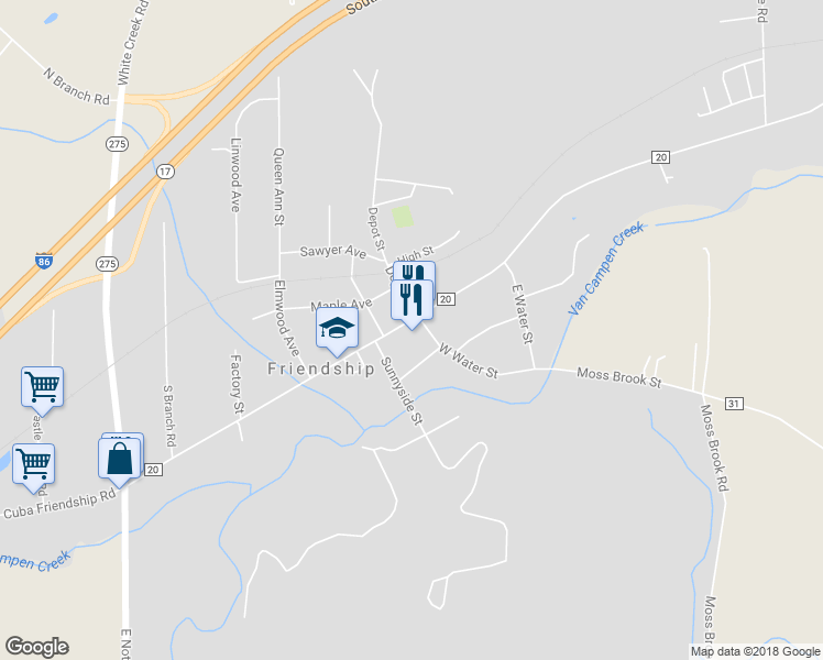 map of restaurants, bars, coffee shops, grocery stores, and more near 8 East Main Street in Friendship