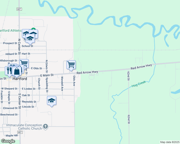 map of restaurants, bars, coffee shops, grocery stores, and more near 62893 Red Arrow Highway in Hartford