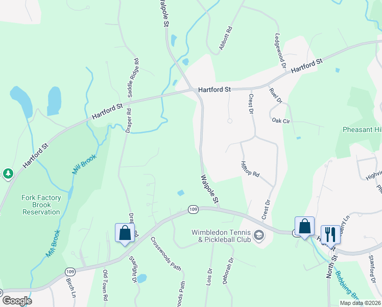map of restaurants, bars, coffee shops, grocery stores, and more near 155 Walpole Street in Dover