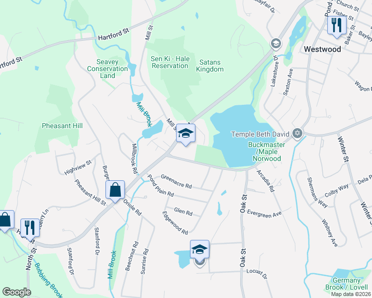 map of restaurants, bars, coffee shops, grocery stores, and more near 550 Pond Street in Westwood