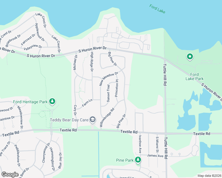 map of restaurants, bars, coffee shops, grocery stores, and more near 5742 Princeton Place in Ypsilanti