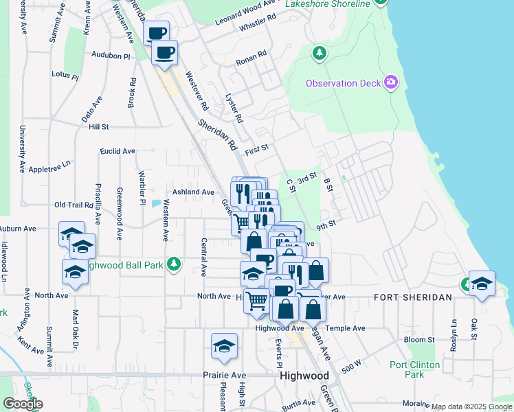 map of restaurants, bars, coffee shops, grocery stores, and more near in Fort Sheridan
