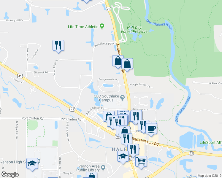 map of restaurants, bars, coffee shops, grocery stores, and more near 1246 Georgetown Way in Vernon Hills