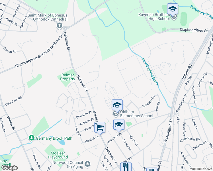 map of restaurants, bars, coffee shops, grocery stores, and more near 5 Upland Woods Circle in Norwood