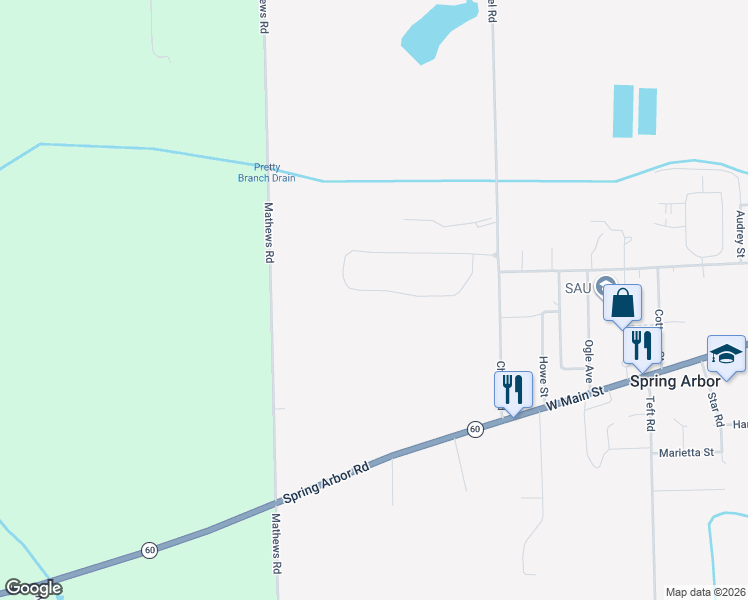 map of restaurants, bars, coffee shops, grocery stores, and more near 70 Dickens Street in Spring Arbor