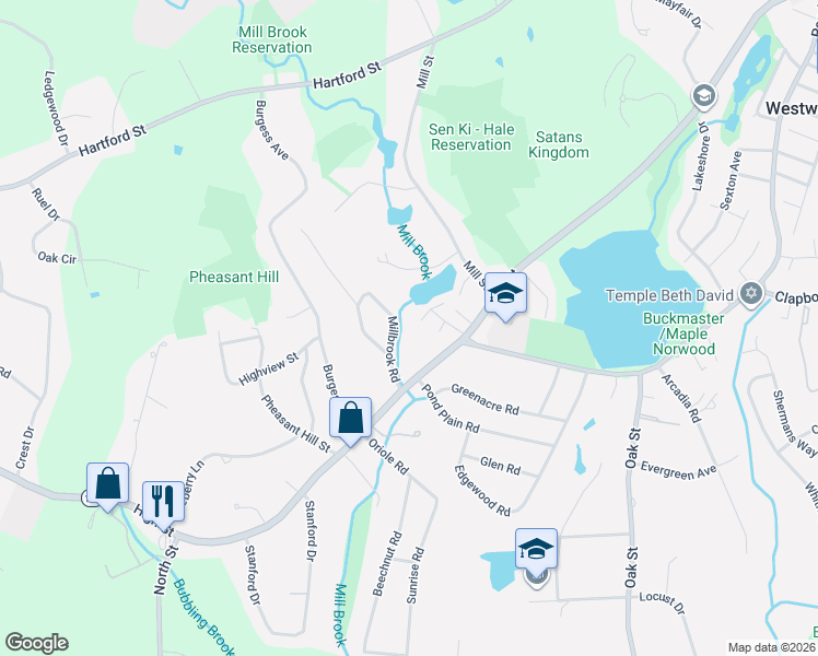 map of restaurants, bars, coffee shops, grocery stores, and more near 3 Millbrook Road in Westwood