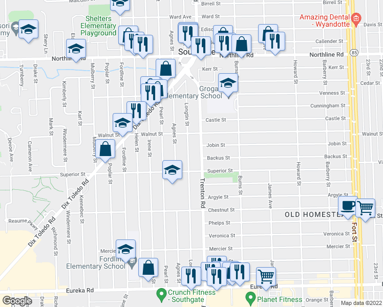 map of restaurants, bars, coffee shops, grocery stores, and more near 13741 Longtin Street in Southgate
