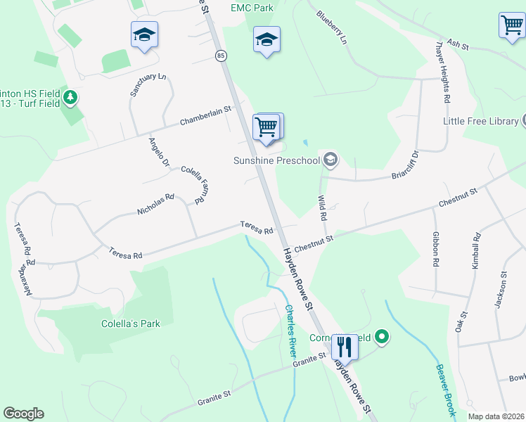 map of restaurants, bars, coffee shops, grocery stores, and more near 170 Hayden Rowe Street in Hopkinton