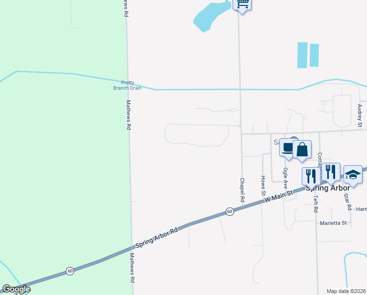 map of restaurants, bars, coffee shops, grocery stores, and more near 70 Dickens Street in Spring Arbor