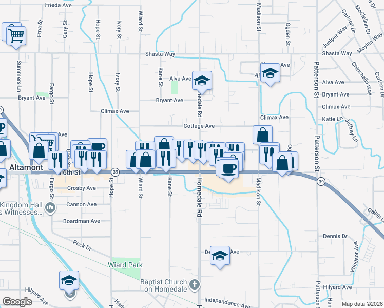 map of restaurants, bars, coffee shops, grocery stores, and more near 5318 Miller Avenue in Klamath Falls