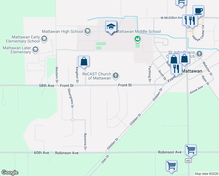 map of restaurants, bars, coffee shops, grocery stores, and more near 25347 Front Street in Mattawan