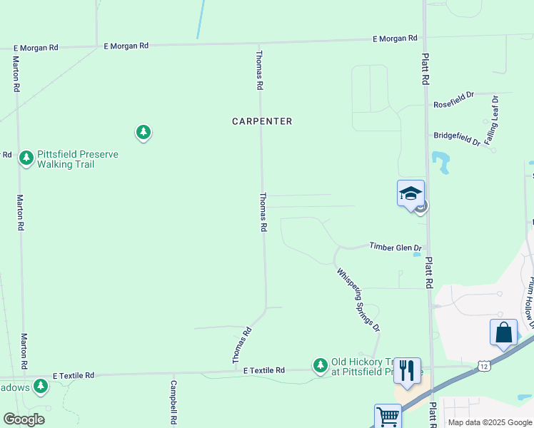 map of restaurants, bars, coffee shops, grocery stores, and more near 5521 Thomas Road in Ann Arbor