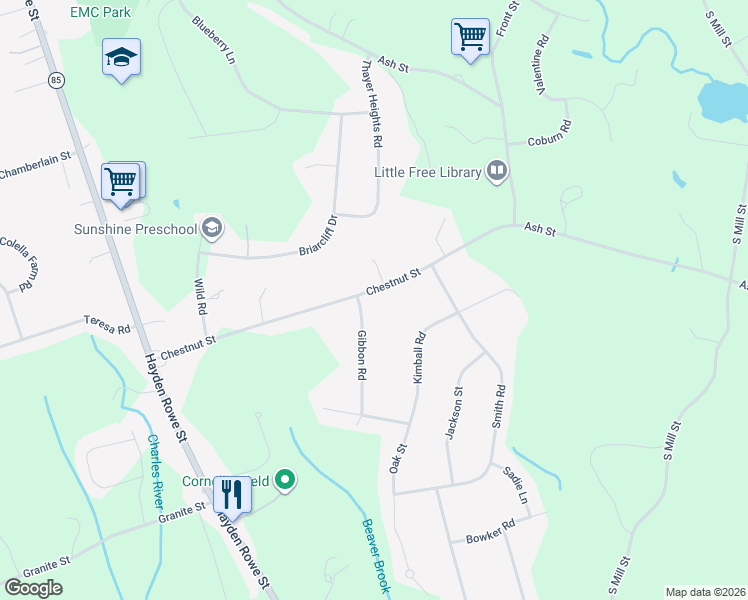 map of restaurants, bars, coffee shops, grocery stores, and more near 3 Gibbon Road in Hopkinton