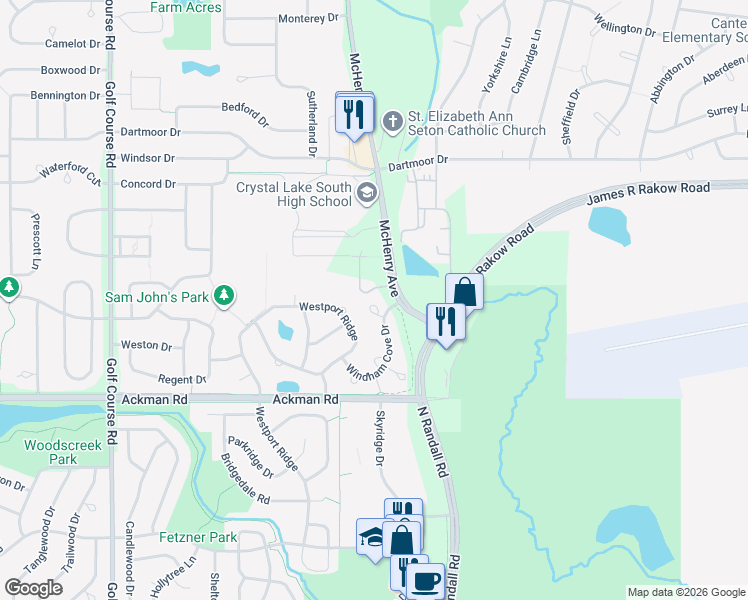 map of restaurants, bars, coffee shops, grocery stores, and more near 1212 Hillsborough Court in Crystal Lake
