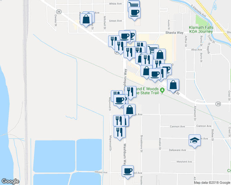 map of restaurants, bars, coffee shops, grocery stores, and more near 2206 Washburn Way in Klamath Falls