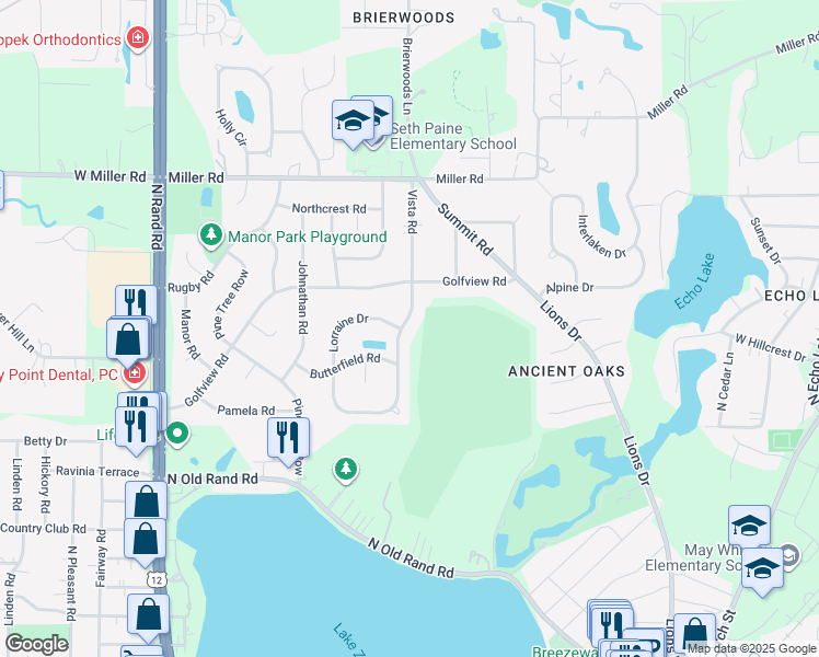 map of restaurants, bars, coffee shops, grocery stores, and more near 184 Vista Road in Lake Zurich