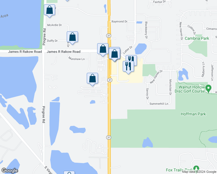 map of restaurants, bars, coffee shops, grocery stores, and more near 8405 State Route 31 in Cary